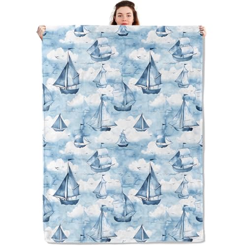 qxfqxf Sailboat Blanket Lightweight Blankets Gifts for Nautical Lover Flannel Throw with Vintage Blue Ship Printed for Sofa, Bed, Travel, Picnic, Camping, Office, Ocean Decor Throws 60x50 Inch