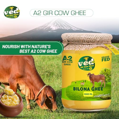 Image of Ved A2 Gir 100% Pure A2 Desi Gir Cow Ghee, Made with Vedic Bilona Method, Lab Tested Hand Churned Cow Desi Ghee, Support Immune System & Digestive Health, Glass Jar (1000ml, Pack of 1)