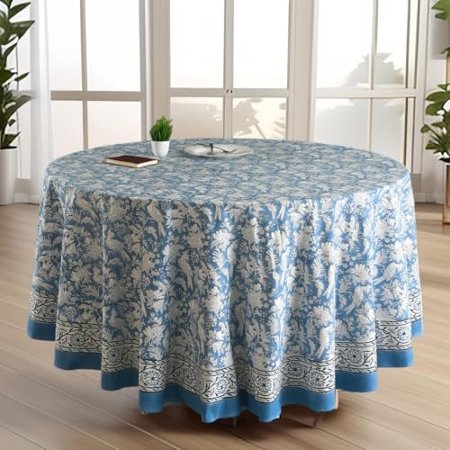 Nappe ronde coton CPC bloc indien, 120 po, bleu saphir