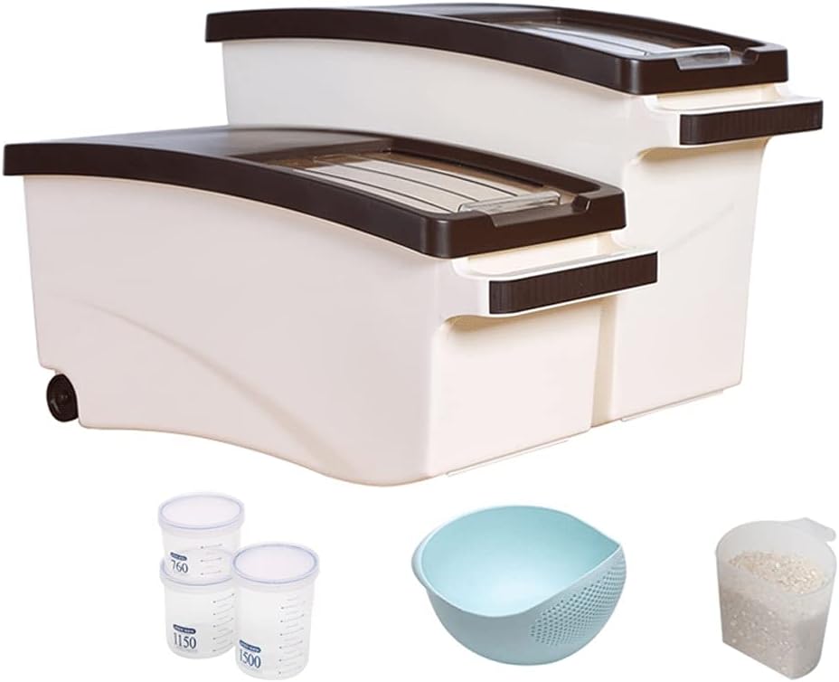 kitchen jars Rice Storage Container With Wheels Seal Locking Lid Food Containers Set Of 2 Contain 1 Measuring Cup 3 Airtight Jar Set 1 Basket Useful Container Set