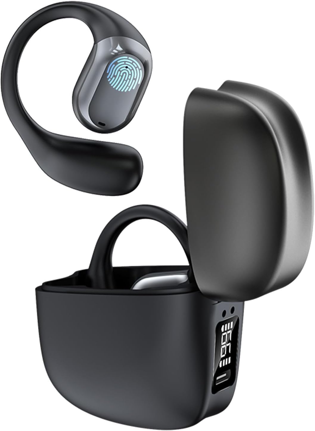 ZRUHIG Open Ear Headphones, Wireless Open Ear Earbuds with Digital Display Charging Case, Waterproof Conduction Headphones Bluetooth with Mic Black