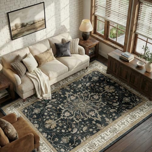 Image of RELEANY Washable Area Rug, 5'x7', Black /Vintage /Beige | Non-Slip, Water Repellent, Pet Friendly, Easy to Clean, Vintage Floral Boho Decor for Living Room Bedroom Dining Room Office