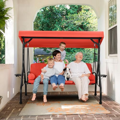 Image of HOMREST 3 Seat Outdoor Porch Swing with Adjustable Canopy, Convertible Patio Swing Bed with Stand, Patio Glider Swing with Upgraded Cup Holder, Thicken Cushions ＆ Pillow for Backyard(Orange)