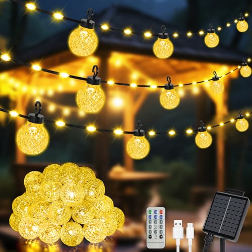 AUAUY Guirnaldas Luces Exterior Solar, 12m 100LED 8 Modos Guirnalda Luces con Control Remoto, Recarga Solar/USB IP65 Impermeable Farolillos Exterior y Interior para Patio/JardíN/Fiesta (Blanco Cálido)