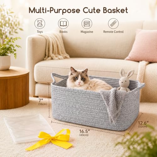Image of OIASKET Large Empty Cotton Rope Gift Basket with Handles, 16.5 inchx12.6 inchx7 inch Decorative Woven Storage Basket with Gift Bag and Ribbon Set for Baby Shower, Toy Organizer for Kids, Dogs & Cats - Grey
