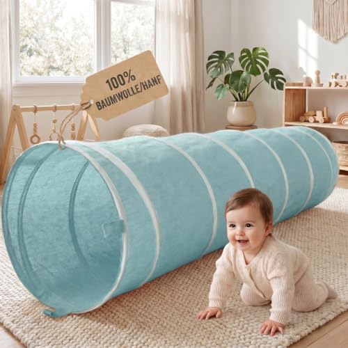 LIONHERZ® Spieltunnel Kinder Baumwolle/Hanf | Krabbeltunnel Baby 180x46cm