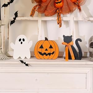 Halloween Decorations-Wooden Ghost Pumpkin Cat Blocks Signs-Cute Freestanding Table Signs for Rustic Farmhouse Home Mantle Decor