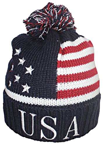 Image of American Flag Beanie Embroidered USA Centurion Font W /Pom Pom