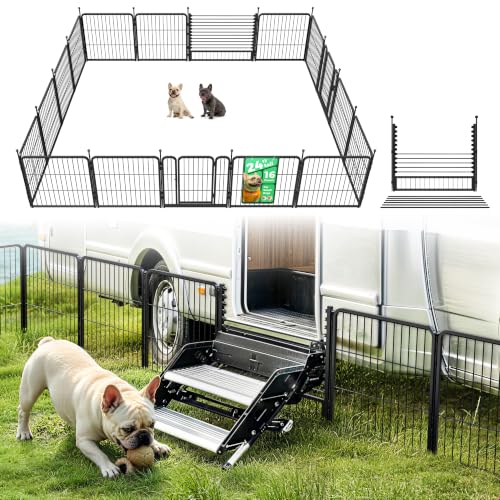 Image of FXW Rollick Dog Playpen with RV Step Grid for RV Camping, 24 inch H, 16 Panels | Easy Setup & Sturdy, Blocks RV Stair Gaps, Fits RV Steps up to 26 inchW, For Puppies & Small Dogs, Patented