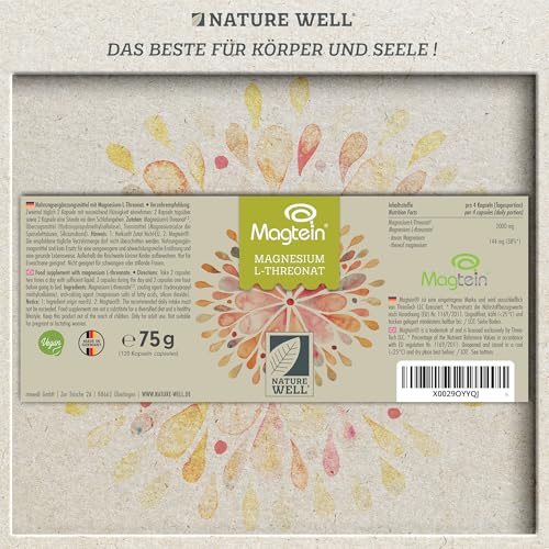Magtein® Magnesium Threonate Kapseln 120x - optimal hochdosiert: 2000 mg Magnesium-L-Threonat pro Tag - innovative, patentierte Magnesium-Form - laborgeprüft mit Zertifikat - Vorrat für 30 Tage