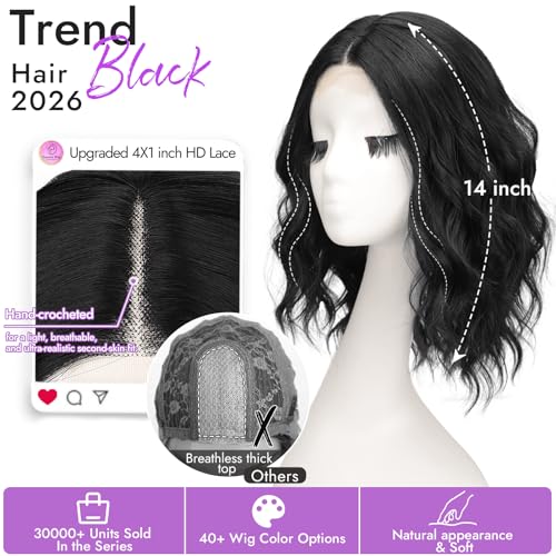 Image of Eawwii Black Short Wavy Wig for Women Lace Hairline Bob Style Synthetic Heat Resistant - Natural Appearance for Everyday Hairstyle 14 Inch | Glueless 4x1 Lace Hairline, Heat-Resistant Fiber,Bob Wave Style,Natural Appearance for Everyday Cosplay 14 Inch