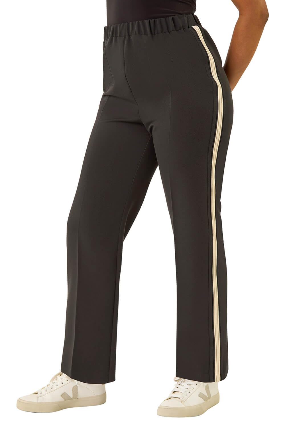 Roman - Women's Petite Trousers - Side Stripe - Black - Size 12