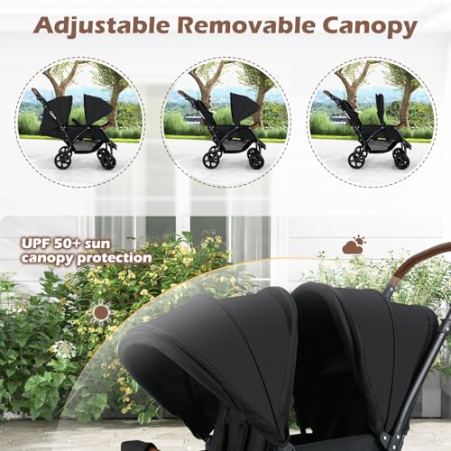 INFANS Double Stroller, Foldable Baby Tandem Stroller with Djustable Backrest Canopy Footrest, 5-Point Harness, Storage Basket, Convertible Compact Twin Stroller for Infants and Toddlers - Image 5