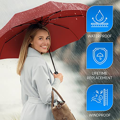 Rain-Mate Compact Travel Umbrella - Pocket Portable Folding Windproof Mini Umbrella - Auto Open And Close Button And 9 Rib Reinforced Canopy (Red) #TOP5