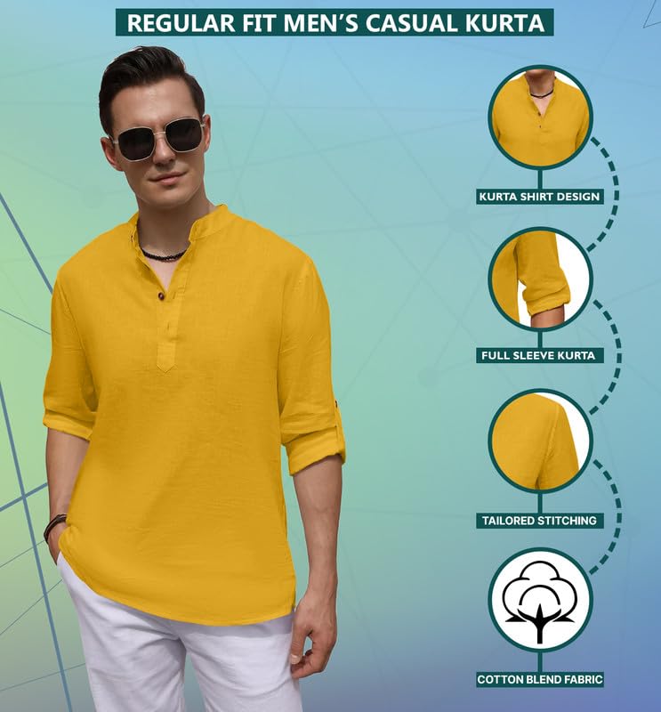 Image of ROYALSCOUT Men's Cotton Blend Casual Short Kurta Shirt with Notch Neck and Button Detail | Full Sleeve Straight Fit Lightweight Ethnic Top for Summer