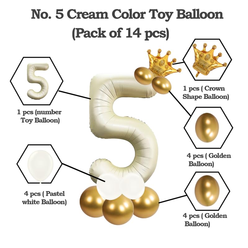 Image of Cream Color 32 Inch Number Helium Foil Balloon For Birthday Decoration Items | Number foil Balloon 5 | Anniversary Decoration Items | Pack of 14