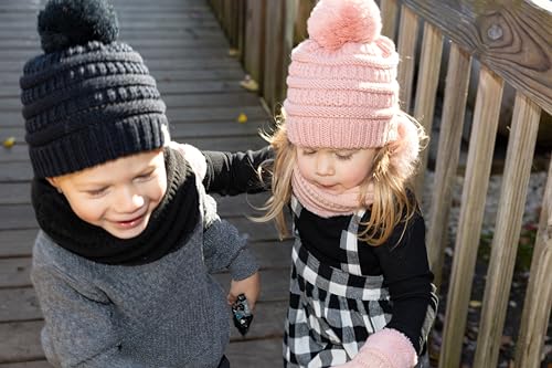 Image of Funky Junque Kids Matching Neck Warmer Scarf Soft Fuzzy Cuff Gloves Mittens Ribbed Knit Pom Pom Beanie Bundle Boy Girl