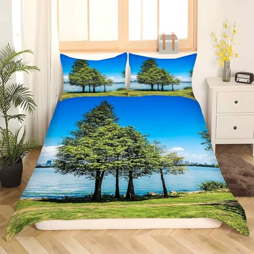 Housse de couette microfibre douce fini soigné ensemble de literie Cyprès bleu