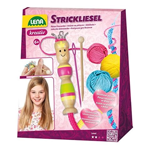 Lena 42375 Handcraft, Complete Dolly and Wooden Crochet Hook, Needle and Thread in 3 Colours, Each 15 metres, Knitting Set for Children from 6 Years, Pink Cover