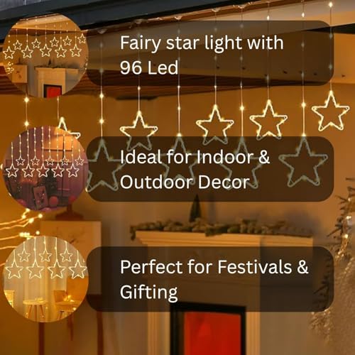 Image of One94Store Fairy Star Curtain String LED Lights, 3 Meter Warm White Plug-in Decorative Curtain with 96 LEDs, 8 Modes and 5+5 Star Design for Home, Festival, Diwali & Wedding Decoration