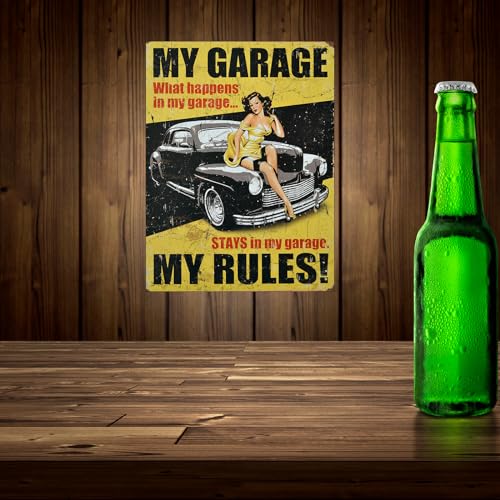 Shawprint My Garage WHAT HAPPENS IN THE GARAGE STAYS IN THE GARAGE RETRO METAL TIN WALL PLAQUE SIGN NOVELTY GIFT Home bar shed man cave - Image 2