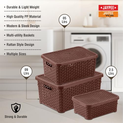 Image of Jaypee Plus Keep all 3 Plastic Storage Basket Organizers With Lid For Kitchen,Fridge, Office Wardrobe, Stationery, Household, Toys & Multipurpose use Pack of 3 Durable Box, Brown