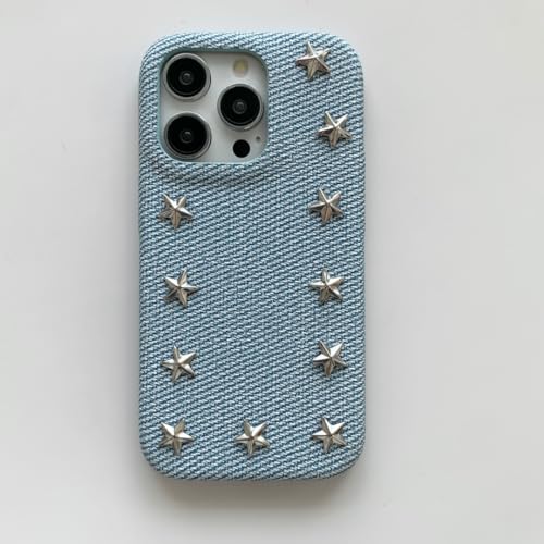 Coque cuir iPhone 15 Pro bleu ciel style cowboy pour le quotidien