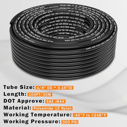 Image of CheeMuii 100 FT 1 /4 DOT Air Line 1 /4 inch PA12 Nylon Pneumatic Tubing 30.5 Meter 1 /4 Inch OD Pneumatic Air Tubing Pipe Hose Line for Semi Truck Trailer or Industrial Air System