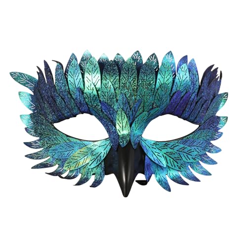 Arocnent Green Raven Half Face Bird Mask for Adults: Iridescent Feather Masquerade Mask with 3D Beak - Halloween Cosplay