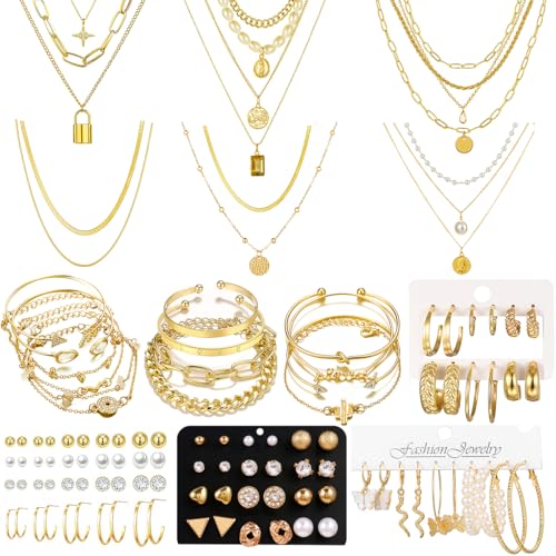 73 Pcs Gold Plated Jewelry Set For Women With Gold Necklace,Bracelet And Anklet,Stud Hoop Earrings Set Costume Jewelry Friendship Gifts