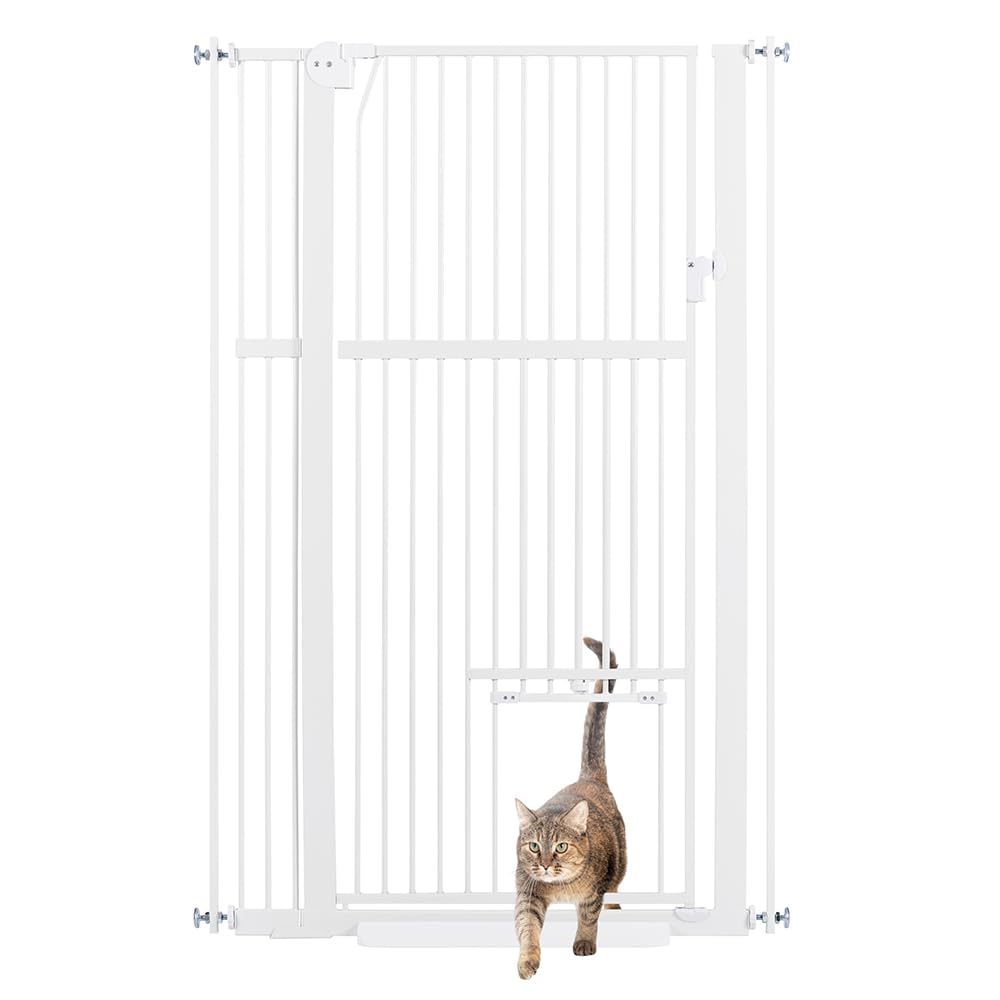 unipaws Barrière de sécurité Extra Haute 142 cm avec chatière, pour Chien et Chat, Largeur 79–95 cm, Fixation par Pression sans perçage, pour escalier ou Porte, Fermeture Automatique, Blanc