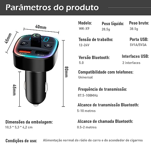 Carregador Veicular Universal, Reprodutor de MP3 para Carro, Conexão Bluetooth, Reprodução de Música