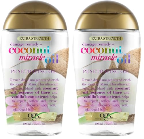 OGX Coconut Miracle Oil Extra Strength Penetrating Oil (1 x 100 ml), aceite para pelo seco y dañado anti frizz con aceite de coco, esencia de tiaré y extracto de vainilla (Paquete de 2)