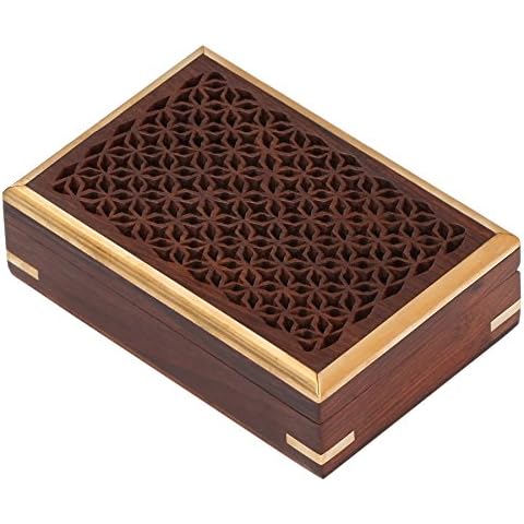 SouvNear Wood Multipurpose Cigarette Cigar Box/Carved Storage Box/Memories Keepsake Box Jewellery Box Trinket Box with Brass Inlay Cover
