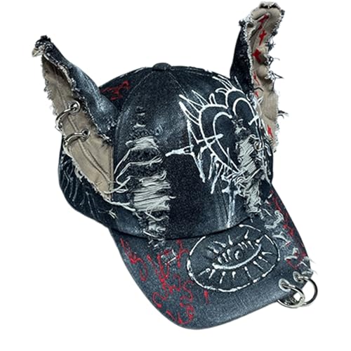 Casquette de baseball punk Y2K noire avec oreilles d'animaux et anneaux métalliques