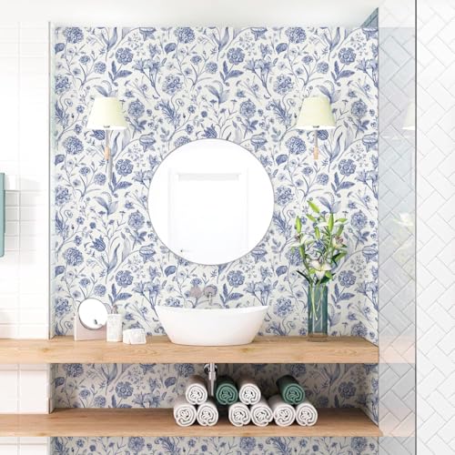 Image of Peel and Stick Vintage Flowers Leaves Birds Pattern Design Wallpaper | Waterproof Removable Wallpaper | Self Adhesive Wallpaper for Bedroom Living Room Home & Kitchen |16.5X87Inch