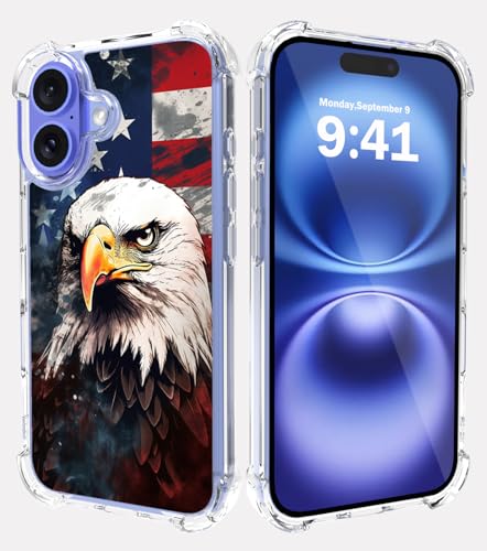 Bald Eagle Flag Case for Phone 16,Gifun Hard PC+TPU Bumper Clear Protective Design Case Compatible with Phone 16 6.1 inch 2024 - Red Bald Eagle Flag