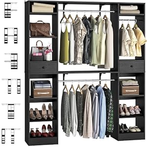 Unikito58w90wclosetsystemlargewalkinclosetorganizerwith3hangingrodsandshelvesheavydutywoodclosetwardrobewith2drawersshoeracksturdyreversibleclothingrackblack Urban Country Home Decor Unikito 58 w 90 w closet system large walk in closet organizer with 3 hanging rods and shelves heavy duty wood closet wardrobe with 2 drawers shoe rack sturdy reversible clothing rack black urban country home decor