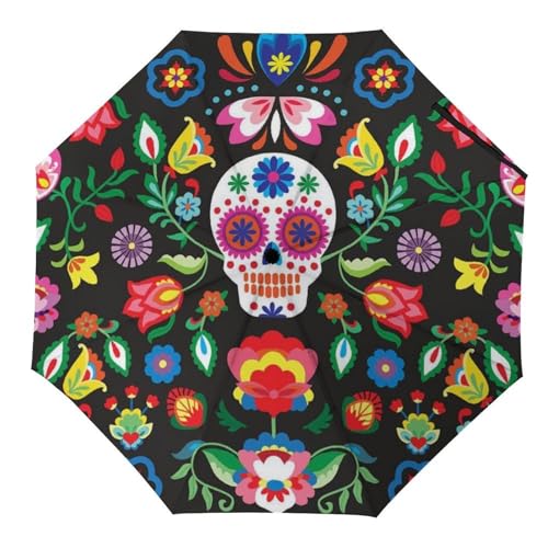 Parapluie pliable mexicain Sugar Skulls de voyage léger et robuste