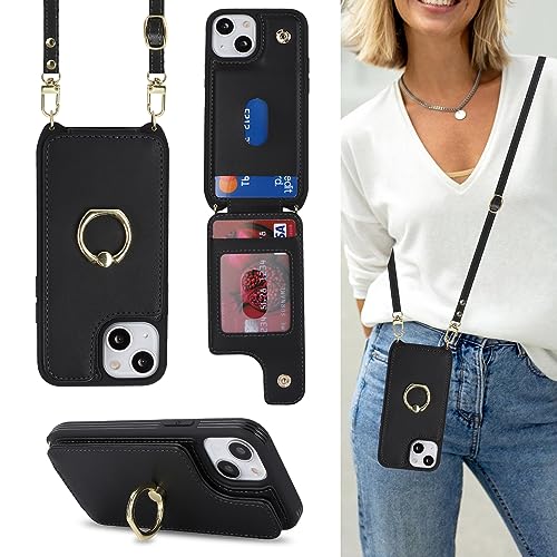 Image of for iPhone 13 Mini Case with Card Holder and Strap for Women,Crossbody Lanyard,Kickstand Ring Stand,Snap Clasp,RFID Blocking,Phone Wallet Cases 5.4 inch(Black)