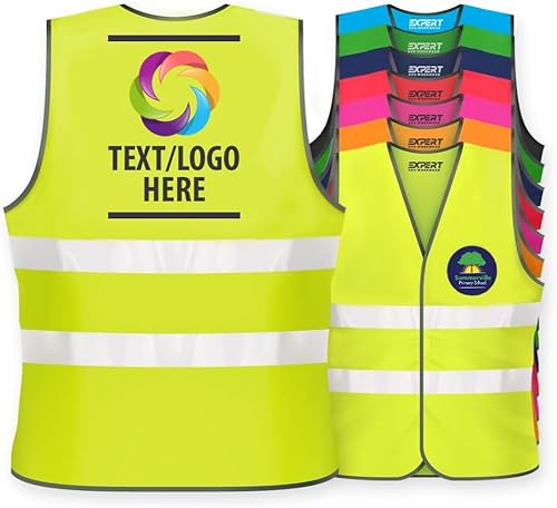 Expert Workwear Unisex Personalised Kids High Visibility Safety Vest Children Hi Vis Printed Waistcoat Reflective Jacket Lightweight EN1150 (Yellow, 10-12 Years)