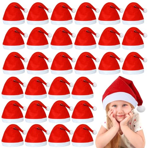 YUVATERA 30 Pezzi Cappelli di Babbo Natale,Cappello Babbo Natale Peluche per Bambino,Cappellini Tradizionali Rosso e Bianco Unisex Taglia Unica Natalizio,Accessori per Costume di Unica