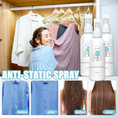 3 Flaschen Antistatik Spray Kleidung, Multifunktional Antistatik Spray, Lang Anhaltende Antistatische Eigenschaften, Glättet Falten, für Kleidung, Textilien, Möbel und Automobile