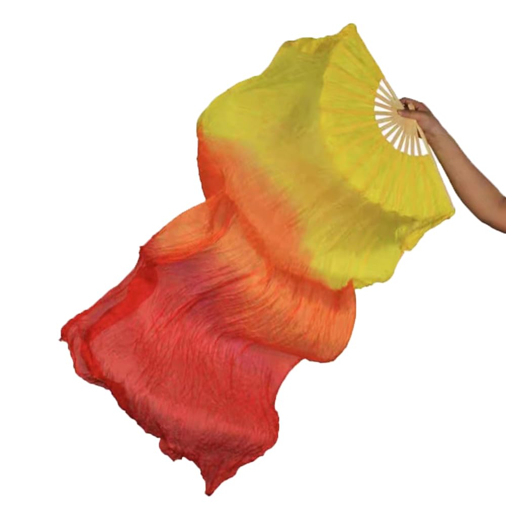 TMZAQH Women 1 Piece Right Hand Real Silk Long Belly Dance Fan Veils 150 * 90 cm, Yellow Orange Red, 150*90cm