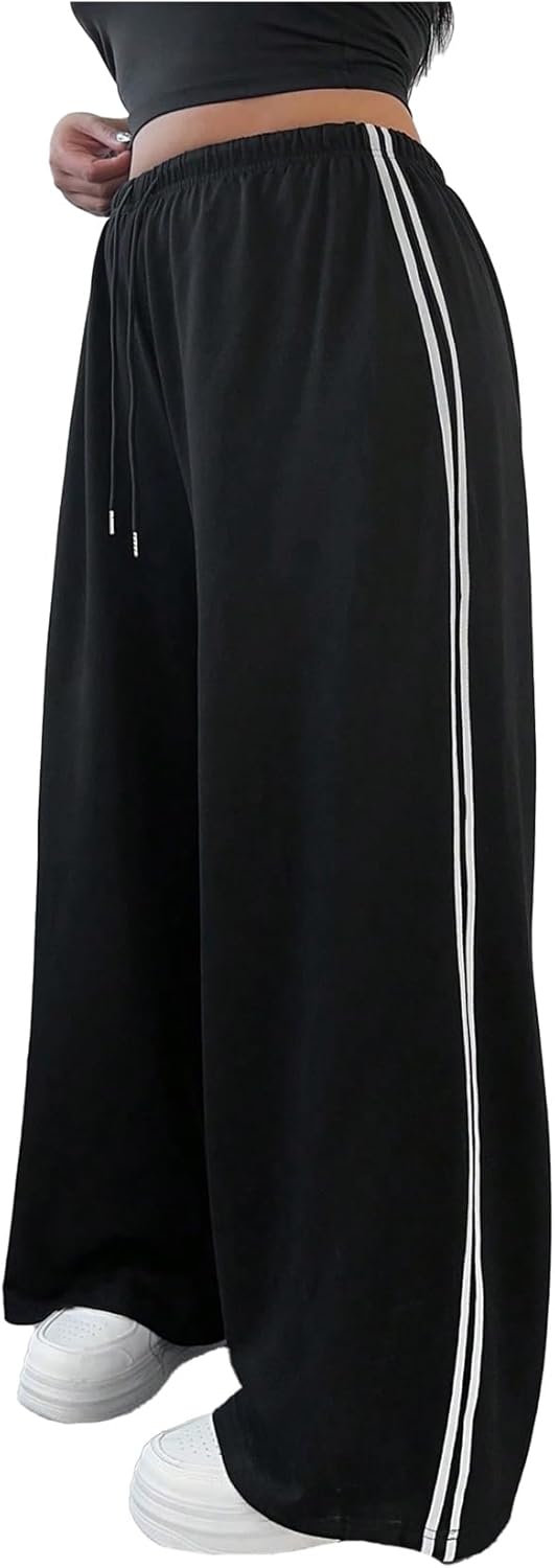 Women's Plus Size Striped Baggy Sweatpants Wide Leg Drawstring Waist Track Pants Athletic Trousers