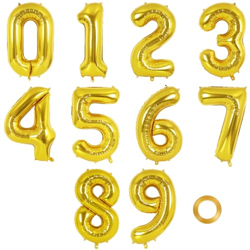 Image of 16 Inch Number 0-9 balloons, Gold Number Foil Balloons, Small Mylar Numbers Balloon Custom Digital Balloons for Birthday Aniversary Baby Shower Party Decorations Supplies
