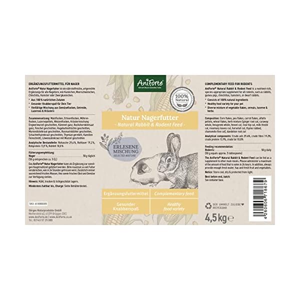 AniForte Natur Nagerfutter für Hamster, Meerschweinchen, Kaninchen, Nager 4,5kg - Artgerechtes Futter mit Gemüseflocken, Getreide, Luzerne und Kräutern - Ohne künstliche Zusätze – Bild 7