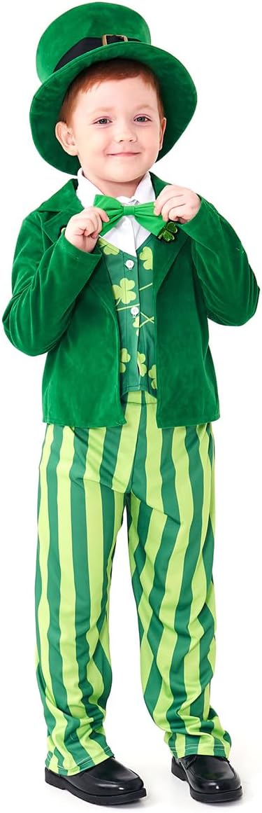 Kids Boys St. Patrick's Day Leprechaun Costume Irish Green Outfit with Lucky Hat