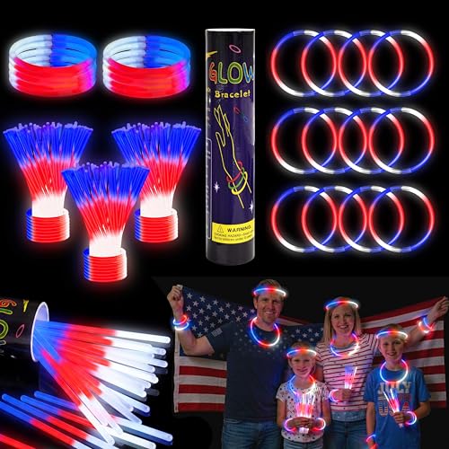 LIONO 100 Pcs 4th of July Glow Sticks Bulk Ultra Bright Red White and Blue Glow Sticks 3-in-1 with Connectors 4th of July Accessories for Independence Day Party Nighttime Events & Party Activities