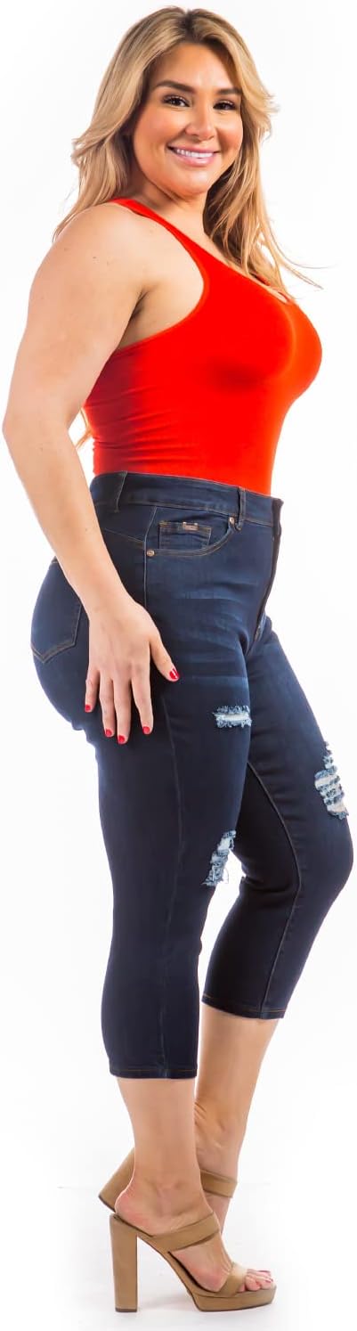 1826 Jack David/CYCLON Women's Plus Size Stretch MID Rise Blue Denim Jeans Capri (CYCLON-CLN847 Distressed Dark Blue, 16) - Image 2